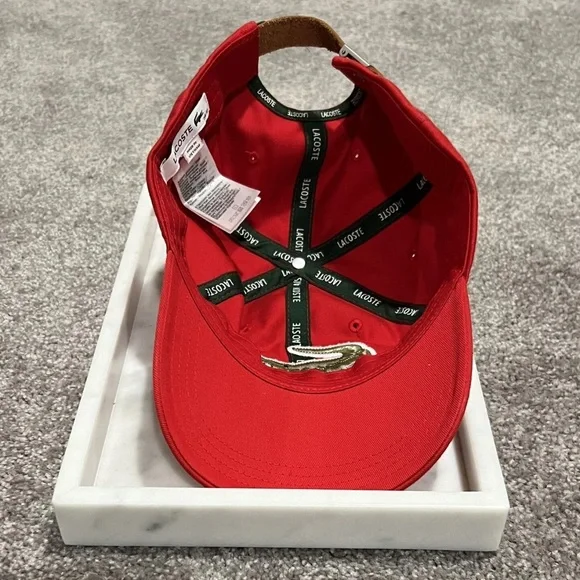 Lacoste Big Crocodile Cotton Twill Hat Cap Adjustable Leather Strap O/S, Red - Picture 3 of 4